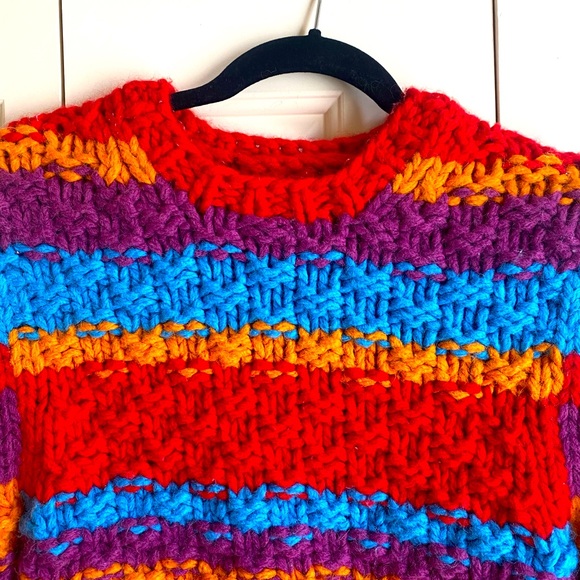 Lucky Brand Colorful Rainbow Striped Wool Blend Chunky Knit Pullover Sweater L - Picture 2 of 7